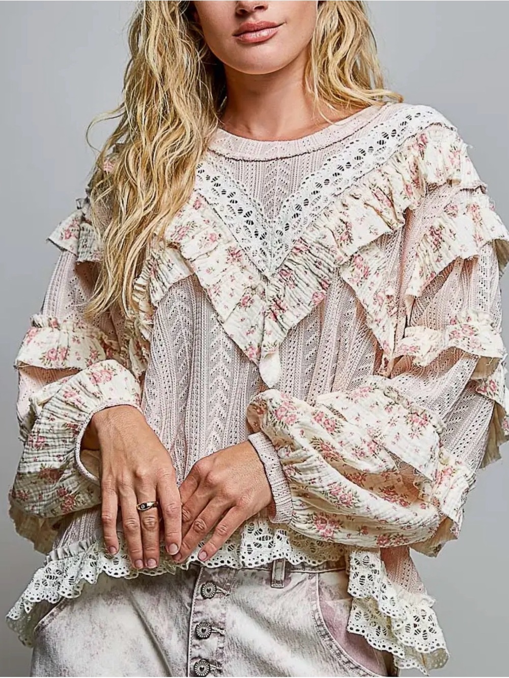 NEW Curated POL SET : Romantic Pink Floral Lace Ruffle Top & Cream Lace Pant - Picture 5 of 9